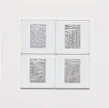 Marco Maggi, Blind Sides, 2007, Four unique drypoint drawings, on aluminum foil, contained within four slide mounts, all mounted to one sheet of wove paper, framed