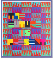 Jeffrey Gibson (Choctaw & Cherokee), THE FUTURE IS PRESENT, 2019, Screenprint and archival inkjet print in colors with collage, on Hahnemühle Museum Etching paper, contained in the original purple artist specified frame