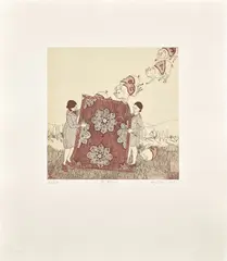 Amy Cutler, Rug Beaters, 2003, Etching and aquatint in colors, on Sekishu Torinoko Gampi Chine collé to Hahnemühle Copperplate paper, with full margins