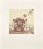 Amy Cutler, Rug Beaters, 2003, Etching and aquatint in colors, on Sekishu Torinoko Gampi Chine collé to Hahnemühle Copperplate paper, with full margins