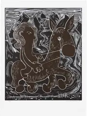 Nicole Eisenman, Crossing the Alborz, 2015, Woodcut in colors, on Rives BFK paper, with full margins