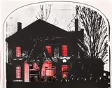 Kristen Schiele, Halloween House, 2008, Screenprint with collage and red spray paint, on one sheet of acetate and two sheets of American Masters paper, the full sheet