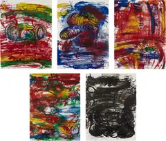Carroll Dunham, Red Shift (K. A11), 1987-88, The complete set of five lithographs, four in colors, on Arches paper, the full sheets, with justification folio, accompanied by the original tan linen-covered portfolio