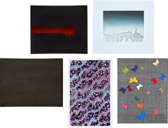 Cammi Climaco, This Time In Heaven, 2010, The complete set of five works comprising one etching and aquatint in colors and four screenprints in colors and in black with hand additions (one with flocking and one with an additional Plexiglas element), two on cherry wood veneer mounted to Rising conservation board, one on blue wove paper, one on silk adhered to wove paper, and one on laser-cut paper and silk adhered to board, the full sheets and with full margins