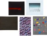 Cammi Climaco, This Time In Heaven, 2010, The complete set of five works comprising one etching and aquatint in colors and four screenprints in colors and in black with hand additions (one with flocking and one with an additional Plexiglas element), two on cherry wood veneer mounted to Rising conservation board, one on blue wove paper, one on silk adhered to wove paper, and one on laser-cut paper and silk adhered to board, the full sheets and with full margins