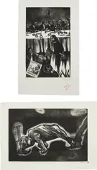 Thank You America (Anita Hill); and Those with Guns Eat First: plate 19, from The Tragedy of War by Sue Coe, 1992 and 2000, Two etchings, on Rives BFK and wove papers, with full margins, sold Sep 2024