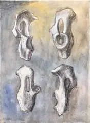 Bone Forms (H.M.F. 82(119), G. 82.115) by Henry Moore, 1982, Unique ballpoint pen, wax crayon, charcoal, chinagraph, and watercolor wash drawing, on wove paper, offered Oct 2024