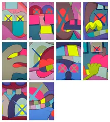 Kaws, UPS AND DOWNS, 2013, The complete set of ten screenprints in colours, on Saunders Waterford High White paper, the full sheets, with title page and the original black linen-covered portfolio box with printed artist's name