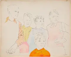 Five Boys by Andy Warhol, c. 1954, Unique blotted ink line drawing with Dr. Martins colored dye, on Strathmore paper, offered Oct 2024