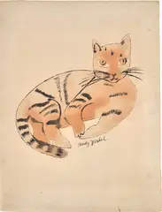 Untitled (Lying Down Cat) by Andy Warhol, c. 1957, Unique blotted ink line drawing with colored dye, on wove paper, sold Oct 2024