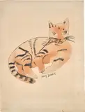 Andy Warhol, Untitled (Lying Down Cat), c. 1957, Unique blotted ink line drawing with colored dye, on wove paper