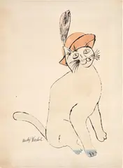Untitled (Cat with Feathered Cap) by Andy Warhol, c. 1957, Unique blotted ink line drawing with ink wash in colors, on Strathmore paper, sold Oct 2024