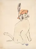 Andy Warhol, Untitled (Cat with Feathered Cap), c. 1957, Unique blotted ink line drawing with ink wash in colors, on Strathmore paper