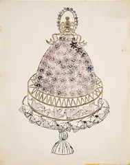 Untitled (Cake) by Andy Warhol, 1959, Unique blotted ink line drawing with ink wash in colors and applied gold trim, on Strathmore paper, offered Oct 2024