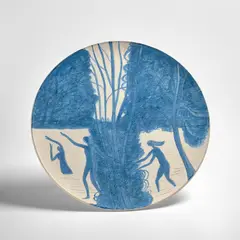 Rivière bleue (Blue River) by André Brasilier, c. 1970, Large white earthenware plate painted in blue with partial brushed glaze, sold Oct 2024