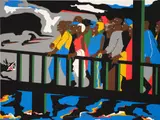 Jacob Lawrence, Confrontation at the Bridge, from An American Portrait 1776-1976, Volume 2 (N. 75-2), 1975, Screenprint in colors, on Strathmore paper, the full sheet, accompanied by the original paper folder