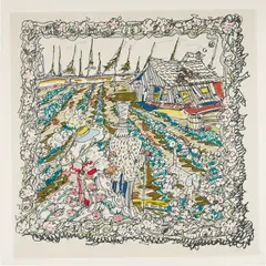 Mr. and Mrs. Eli Whitney and Their Blue Tick Hound by Joe Zucker, 1979/93, Screenprint in colors, on wove paper, with full margins, sold Oct 2024