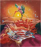 James Rosenquist, The Bird of Paradise Approaches the Hot Water Planet, from Welcome to the Water Planet (G. 214), 1989, Monumental pressed paper pulp print in colors, on two sheets of TGL handmade paper (as issued), with lithographic collage, on Rives BFK paper, the full sheets