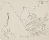 Reclining Figure (In Striped Shirt) by Andy Warhol, c. 1955, Unique black ballpoint pen drawing, on wove paper, sold Oct 2024