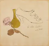 Andy Warhol, Shoe, Green Vase, and Rose, c. 1954, Unique blotted ink line drawing with ink wash in colors, on wove paper