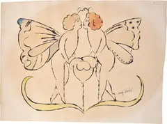 Andy Warhol, Two Angels, c. 1954, Unique blotted ink line drawing with ink wash in colors, on wove paper, a study for F. & S. 92A In The Bottom of My Garden