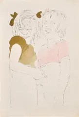 Two Girls Laughing by Andy Warhol, 1954, Offset lithograph with hand-coloring in watercolor, on wove paper, with full margins, sold Oct 2024