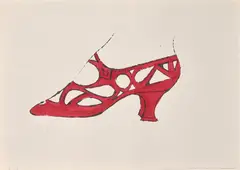 December Shoe by Andy Warhol, c. 1955, Offset lithograph with hand-coloring in watercolor, on wove paper, with full margins, sold Oct 2024