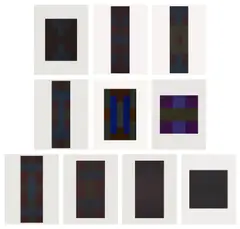 Ad Reinhardt, Ten Screenprints, 1966, The complete set of 10 screenprints in colors, on heavy wove paper, with full margins, contained in the original paper folder, with title and justification pages and each in their corresponding numbered folio, accompanied by four postcard size screenprints, all contained in a repurposed New York International portfolio