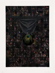 Nari Ward, Courtship Replay, 2017, Offset lithograph and screenprint in colors with peacock feather collage, on wove paper, with full margins