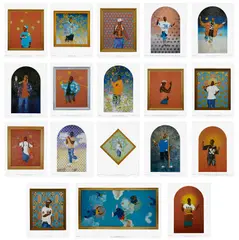 Kehinde Wiley, Passing/Posing: Paintings and Faux Chapel Portfolio, 2004, The complete set of 18 offset lithographs in colors, on wove paper, one double-page and folded (as issued), with the stapled and black cord-tied printed pamphlet including list of plates, all contained in the original black paper-covered portfolio box