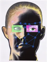 Tony Oursler, Recognition (image 1-3.4), 2019, Unique digital pigment print in colors, on Hahnemühle Photo Rag paper, with handmade collage including a high-gloss screenprint in colors and a two-phase flip lenticular, with full margins