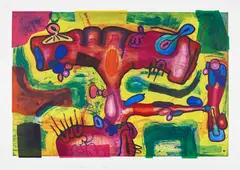 Carroll Dunham, Another Dimension (K. A15), 1988-95, Monumental etching and aquatint in colors with collage, on Gampi paper laid down on En Tout Cas paper, with full margins
