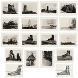 Huma Bhabha, Reconstructions, 2007, The complete set of 18 prints, including 16 photogravures and two woodblock prints, on Hahnemühle and Tosa Hanga papers, the full sheet and with full margins, the sheets loose (as issued), with title page, colophon, and text page by Jorge Luis Borges on Vellum, all contained in the original linen-covered portfolio box with embossed text in green