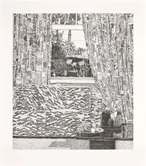 Pattern Couch Interior with Mar Vista View by Jonas Wood, 2020, Etching, on Hahnemühle paper, with full margins, sold Oct 2024