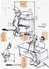 Paul McCarthy, Untitled (Drawing for Alpine Man), 1992-98, Unique ink and charcoal drawing with packing tape collage, on four sheets of thick wove paper