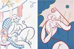 Koak, Stillness; and We Hot, 2019, Two lithographs in colors, on Somerset paper, the full sheets