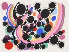 Nina Bovasso, Black Flowers with Rainbow Colors, 2006, Screenprint in colors, on handmade Dieu Donné paper with cotton pulp, the full sheet