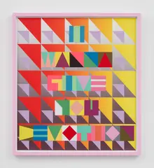 Jeffrey Gibson (Choctaw & Cherokee), I WANNA GIVE YOU DEVOTION, 2019, Screenprint and archival inkjet print in colors with collage, on Hahnemühle Museum Etching paper, contained in the original pink artist's frame