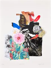 Shinique Smith, Double Dahlia, 2008, Screenprint and archival inkjet print in colors with paper, fabric and aluminum beer can collage, on Rives BFK paper, with full margins