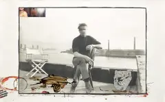 Francis Bacon on his roof @ 80 Narrow Street, London (soon to be lost gambling), during the dead elephant interviews for End-Game, March by Peter Beard, 1972, Unique work comprised of a platinum print, printed 2000 by William Ingram, with applied blood, paint, ink, foil, and aff, offered Oct 2024