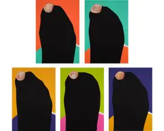 John Baldessari, Foot and Stocking (With Big Toe Exposed): Brienne, Fran, Io, Phil, Shelly, 2010, Five 8-color screenprints with fabric and paper collage, each mounted and mounted again