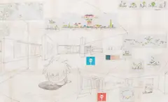 Takashi Murakami, Untitled (Sketch of Exhibition at Marianne Boesky, 2001), 2001, pencil and paper collage on joined sheets of paper