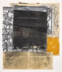 Oscar Murillo, Daily Discourses #103, 2013, acrylic, polyethylene and metal grommets on newsprint and paper collage
