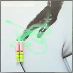 Alex Da Corte, Untitled (Balls & Spray), 2015, digitally printed poplin, sequins pins, foamcore, anodized metal frame, Plexiglas, velvet, shampoo bottles, tennis balls, plastic, digital photograph, spray paint, ribbon and metal screws