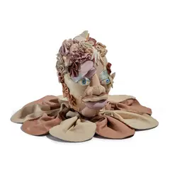Tau Lewis, Silk from the series The Church of Mantic Plants, 2021, cow leather, pig suede, sheep suede, shearling, polyester fiber, white river rocks, acrylic and blackened steel