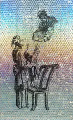 Oliver Laric, Child Reaching for Caged Bird, 2014, tamper evident security hologram stickers on acrylic, clear coating and UV print