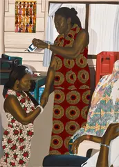 Cornelius Annor, Hejiemo, 2021, acrylic, fabric collage and fabric transfer on canvas