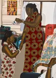 Cornelius Annor, Hejiemo, 2021, acrylic, fabric collage and fabric transfer on canvas