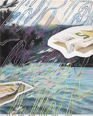 Jack Burton, Capital Flight, 2018, acrylic, ink, oil and oil pastel on archival pigment prints, mounted to synthetic cloth