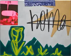 Gabriella Sanchez, Home, 2021, acrylic, Sharpie, bandana, oilstick and archival pigment print on paper on canvas